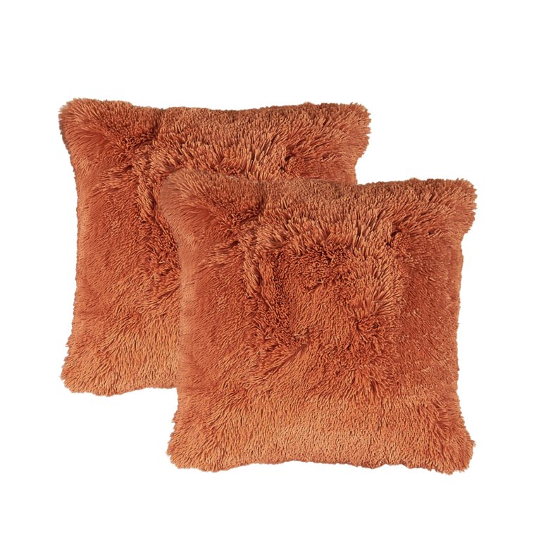 Channel Rust Orange Faux Fur Throw Pillow with Down-Alternative