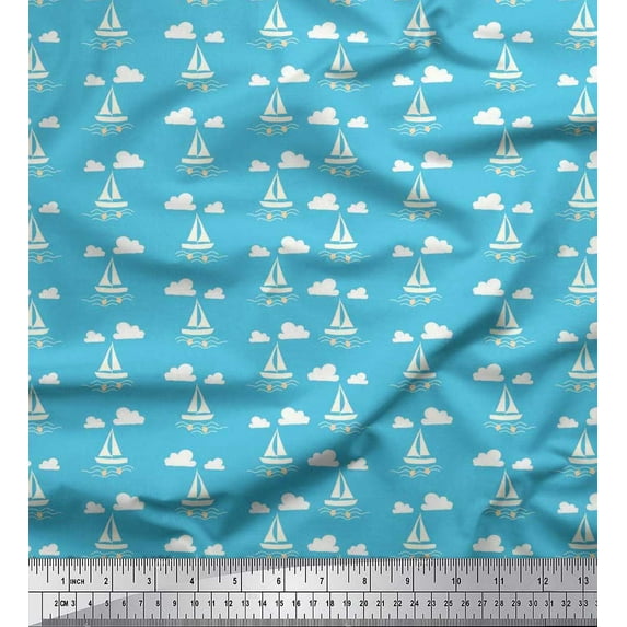 Soimoi Viscose Chiffon Fabric Cloud,Fish & Yacht Nautical Print Sewing Fabric Yard 42 Inch Wide