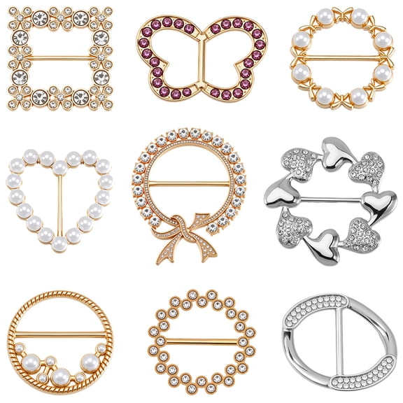 9Pcs 9 Styles Sweater Ring Clips Metal Alloy Round Heart Bowknot Imitation Pearl Rhinestone Clothes Corner Knotted Button Buckle Brooch Pins