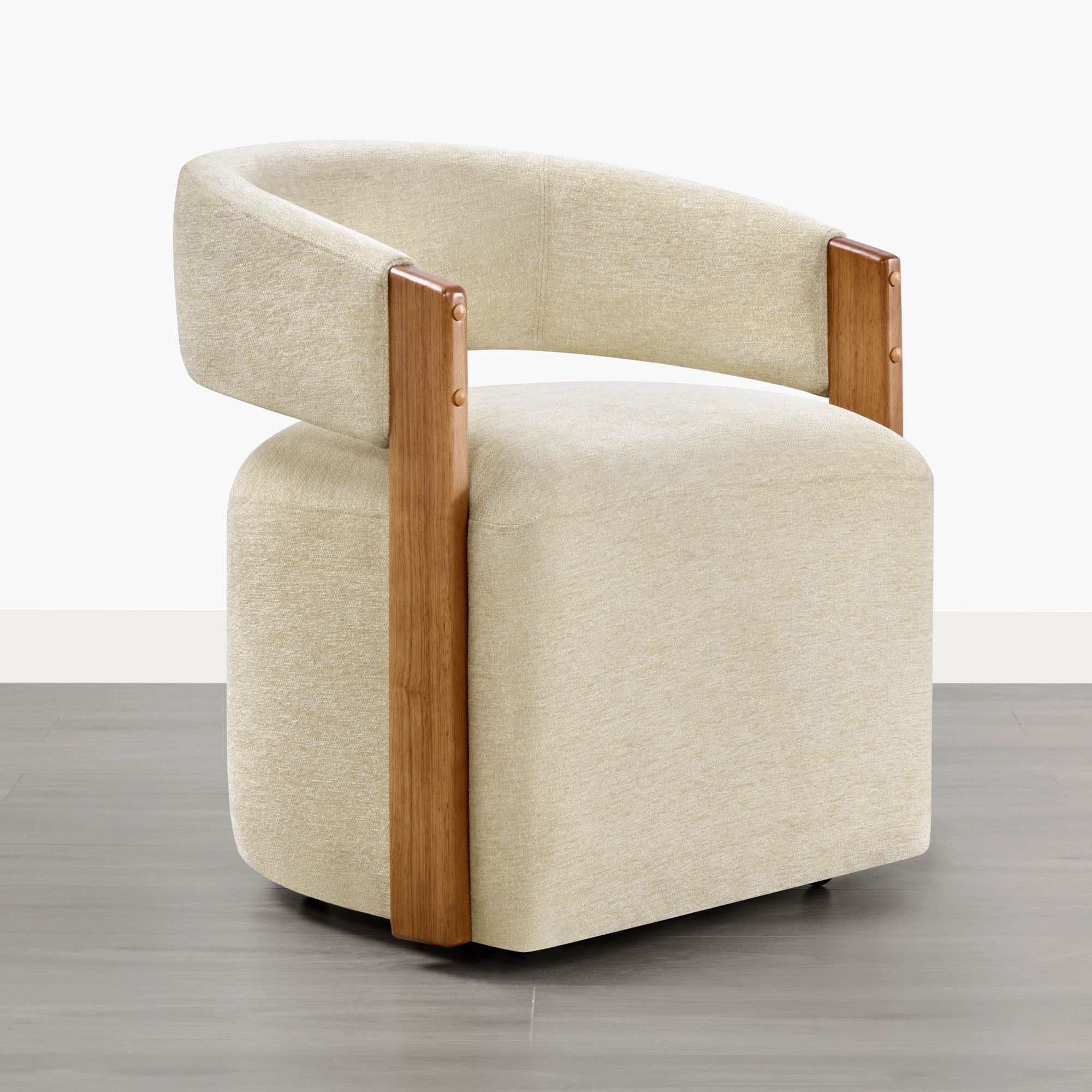 Spruce & Spring Upholstered Dining Chair with Wooden Armrests and Rolling Casters Single, Beige Sand