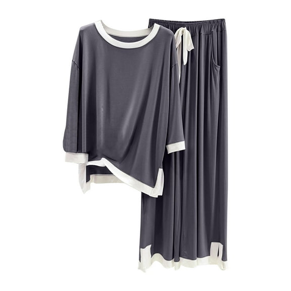 XFLWAM Women's 2 Piece Pajama Sets Crew Neck Long Sleeve Tee and Elastic Waist Wide Leg Pants Lounge Sets