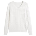 thumbnail image 3 of QUALFORT Women's 100% Cotton V-Neck Cable Knit Sweater, Lightweight Long Sleeve Pullover Sweater for Women, Off-White L, 3 of 6