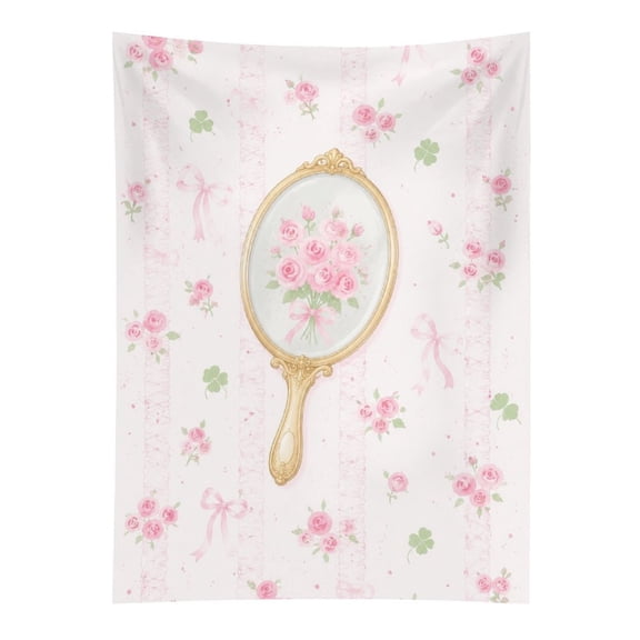 ZFLMY Vintage Hand Mirror With Pink Roses And Bow Pattern Tapestry in Green Fields, Polyester Printed Wall Hanging, Suitable for Bedroom, Dormitory and Living Room, Aesthetic Home Decoration