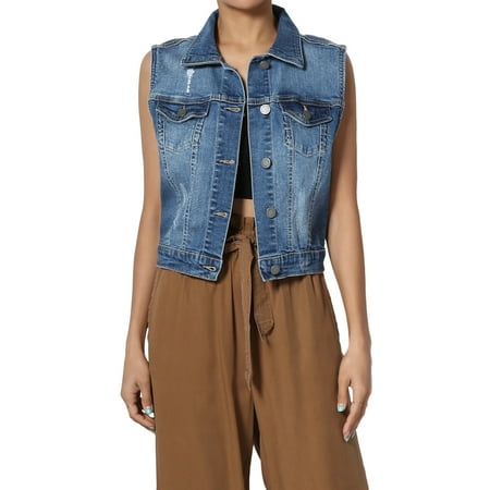 TheMogan Women's S~3X Distressed Washed Trucker Denim Vest Sleeveless Jean Jacket