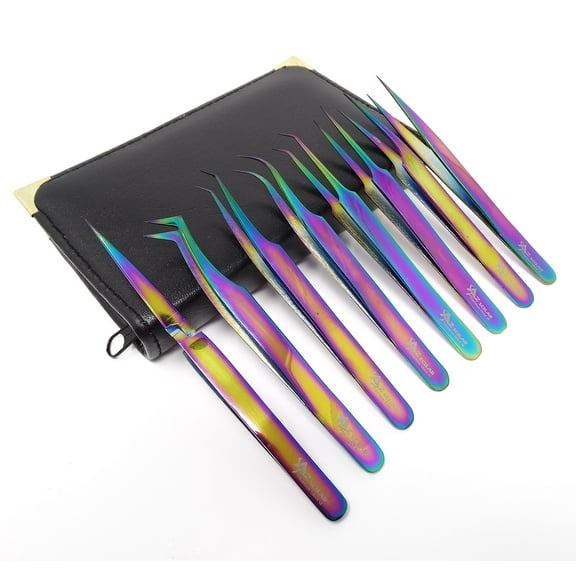 A2Z SCILAB Set of 8 Piece Stainless Steel Multi Rainbow Color Eyelash ExtensionTweezers