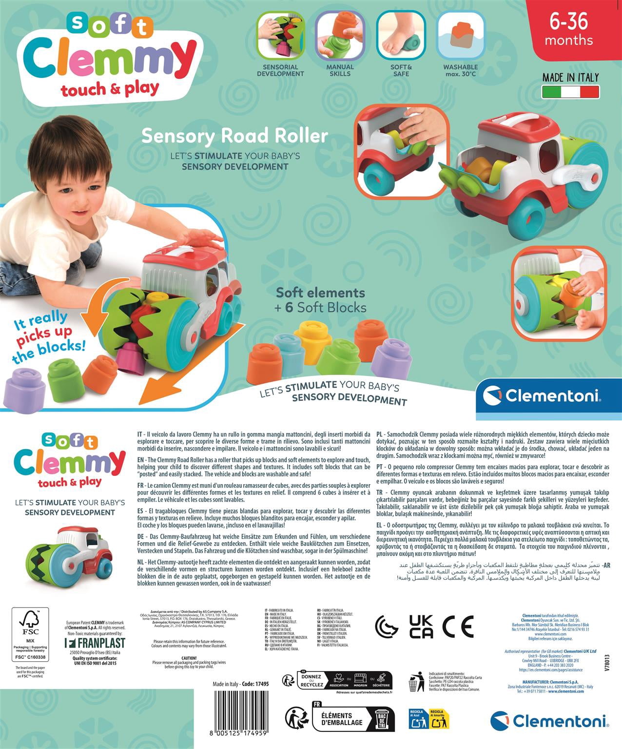 Clementoni Sensory Steamroller Brick Eater Roller with 6 Clemmy Blocks, for Toddlers 6-36 Months, 17495