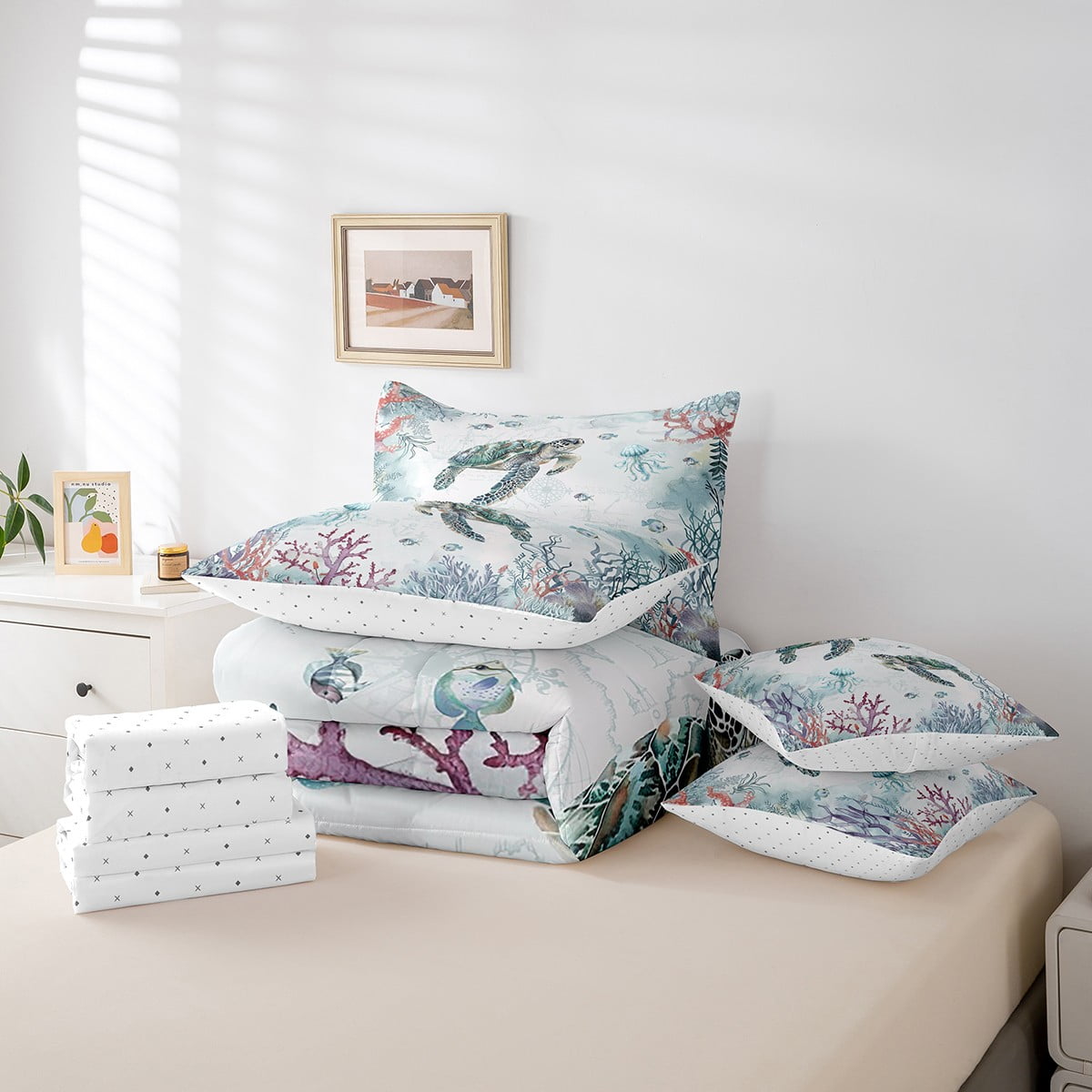Sea Turtle Coastal Comforter Set 7 Piece Bed in a Bag Twin,Blue Ocean Coral Nautical Bedding Set Jellyfish Sheet Sets with Comforter Beach Bed Set,Kawaii Tortoise Room Decor