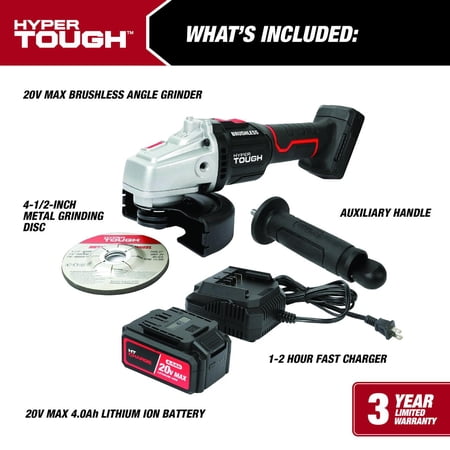 HYPER TOUGH 20V BRUSHLESS 4-1/2-IN CORDLESS ANGLE GRINDER BATTERY & CHARGER