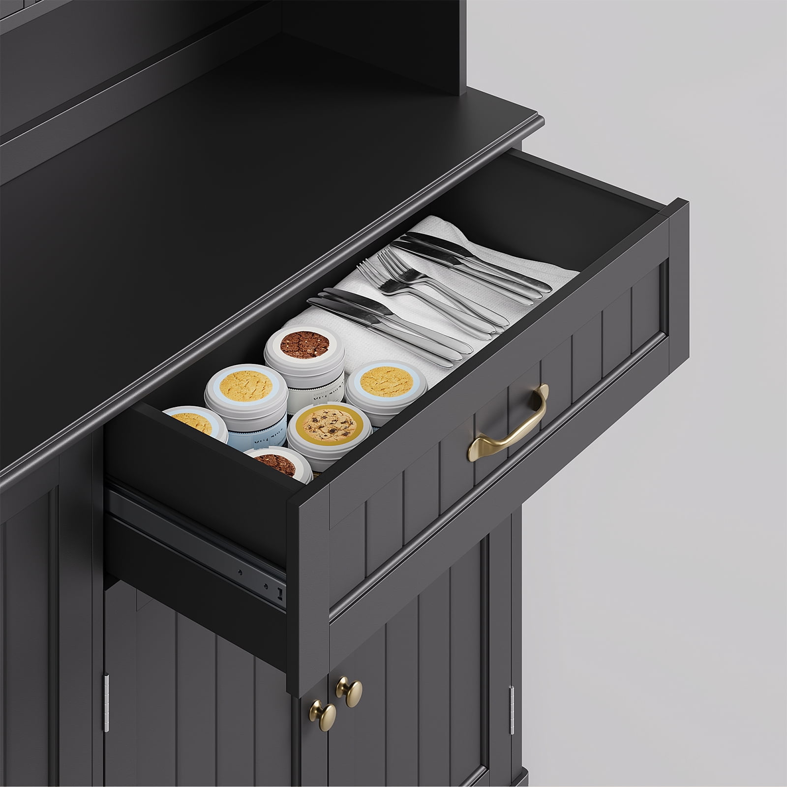 67" Kitchen Hutch Cabinet with 5 Doors and 14 Shelves, Noelse Large Wooden Kitchen Pantry Storage Cabinet with Drawer, Tall Coffee Bar for Dining Room, Black