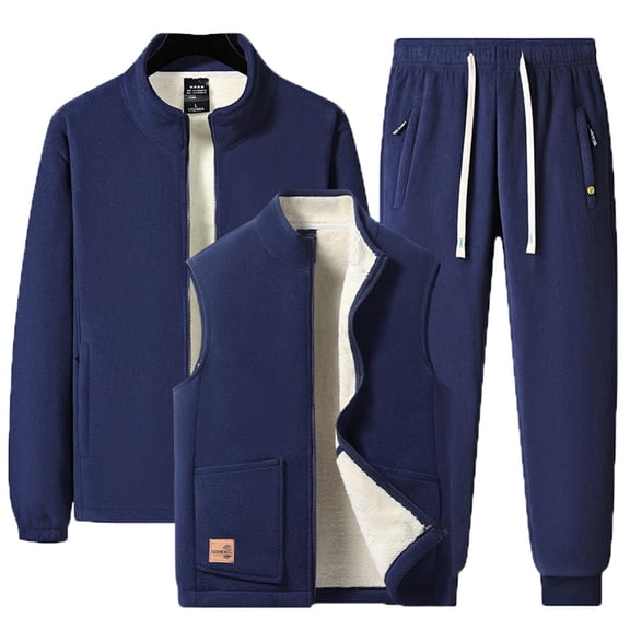 Gytharion Sweatsuits for Men 3 Piece Winter Outfits Plus Size Fleece Lined Warm Zip Up Stand Collar Jacket Sleeveless Vest and Jogging Sweatpants Set Soft Cozy Tracksuit Sets with Pockets
