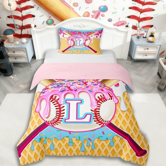 Erosebridal Ice Cream Baseball Print Twin Bedding For Kids,Boys Sport Theme Personalized Initial L Duvet Cover Set,Pink Reversible,2pcs,No Comforter