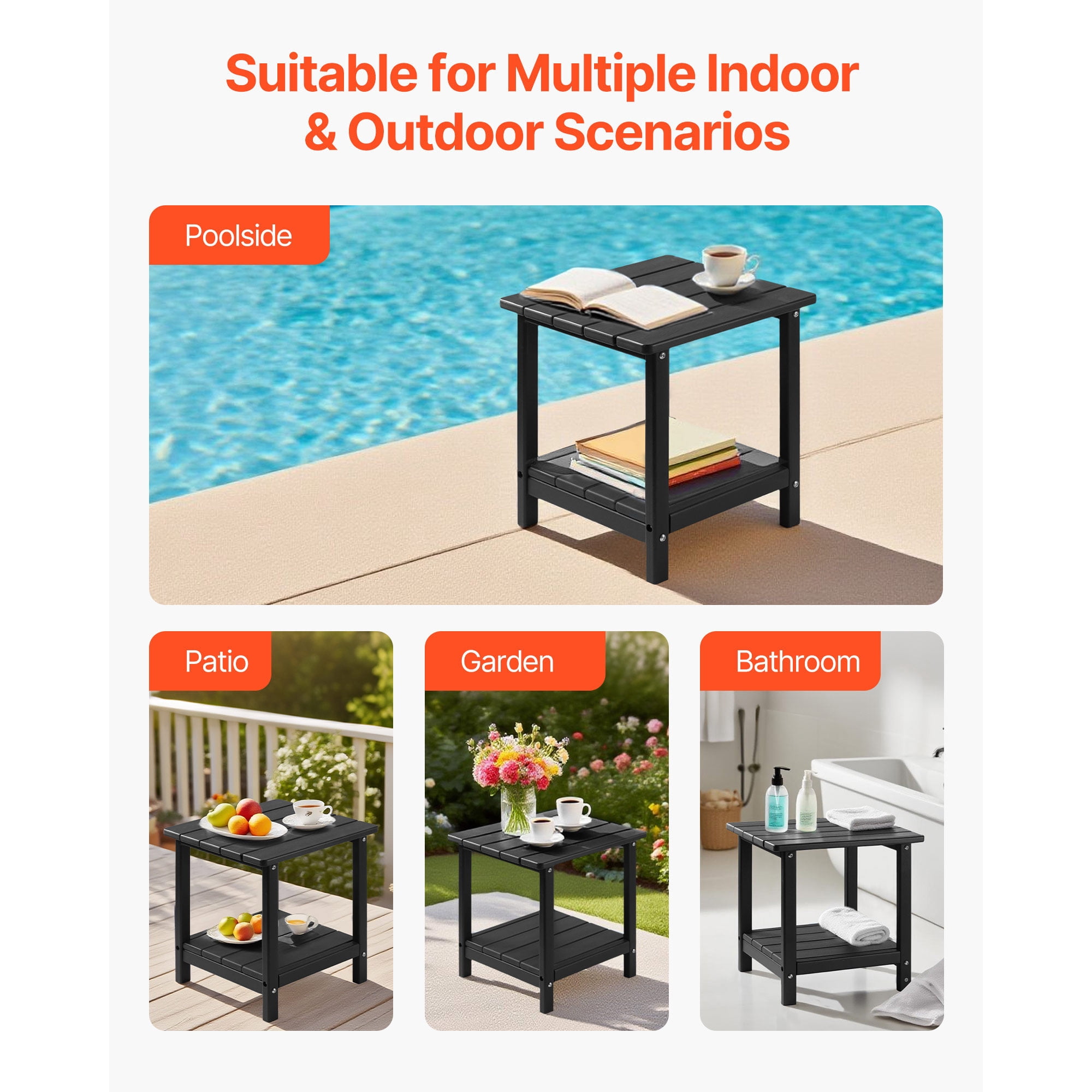 KFFKFF Outdoor Side Table, 17.72W x 14.96D x 17.32H Inch, Double-Layer HDPE End Table for Easy Care, Durable in Various Weather Conditions, Suitable for Patio,Poolside, Porch, Indoor, Backyard, Black