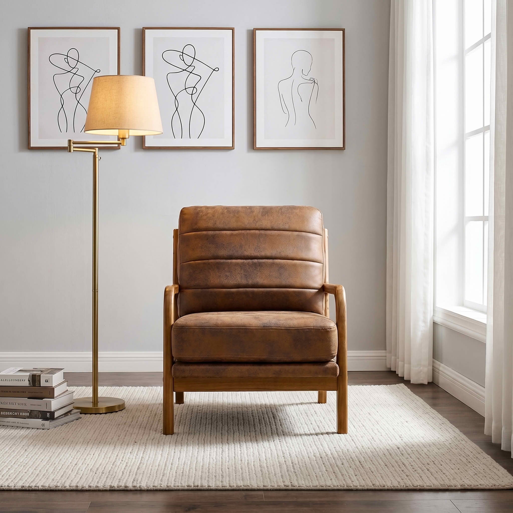 MAYEERTY 26 In Solid Wood Armchair, Curved Armrests, Foil Fabric, Memory Foam, Light Brown, 300 lb