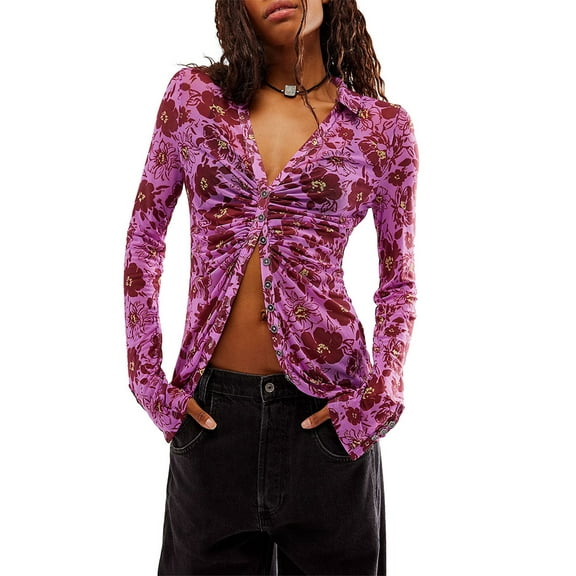 Womens Y2K Tops Flare Sleeve Button Down Shirts V-Neck Ruched Blouses 90s Aesthetic Streetwear