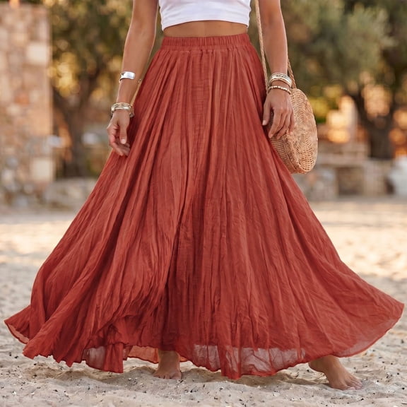 Women Cotton Linen Blend Elastic High Waist Boho Flowy Maxi Skirt Beach Vacation Wear S