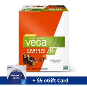 Vega Plant Protein Snack Bar, Chocolate Caramel, 10g Protein, 12 Ct, with FREE $5 eGift Card Promo