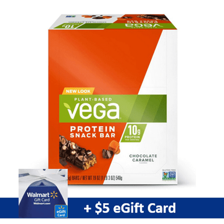 Vega Plant Protein Snack Bar, Chocolate Caramel, 10g Protein, 12 Ct, with FREE $5 eGift Card Promo