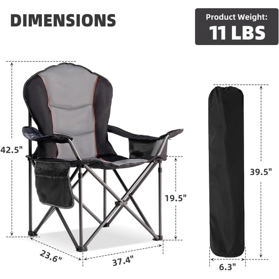 Oversized Camping Chair Heavy Duty 500LBS - Folding Outdoor Chair with Cooler Bag, Storage Pockets, Portable Collapsible Lawn Chairs for Adults (Black & Gray)