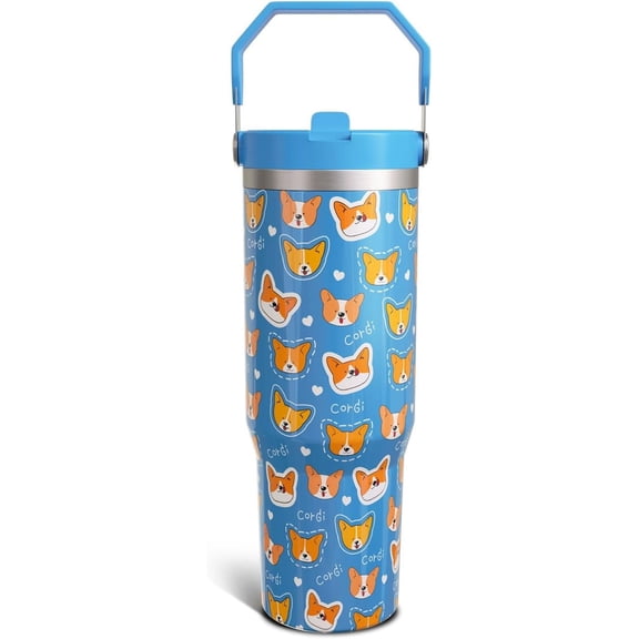Corgi Gifts 30 Oz Tumbler with Top Handle and Flip Straw, Cute Blue Stainless Steel Insulated Water Bottle Cup, Dog Lover Birthday Gifts for Women Men