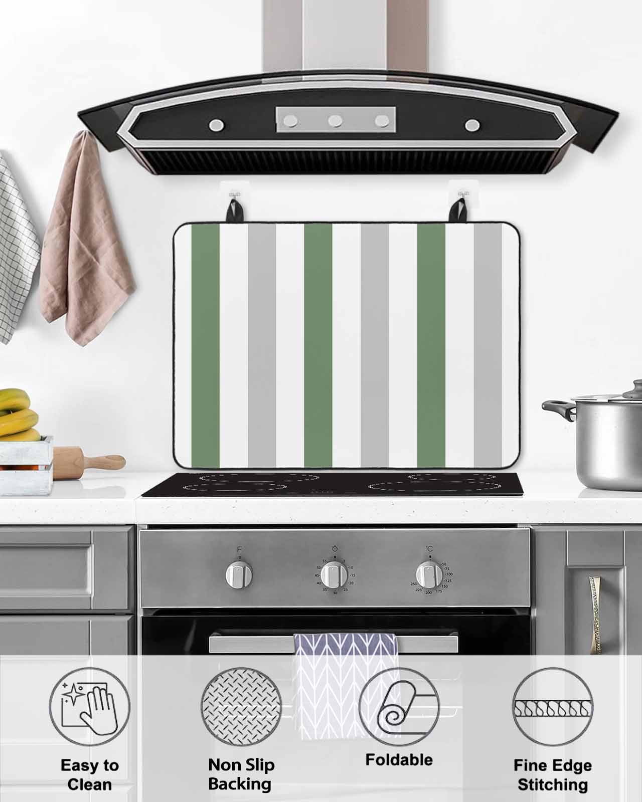 nqOlkjepod Large Induction Cooktop Protector Mat 24"x21", Geometric Grey Stove Top Covers for Electric Stove, Sage Green White Striped Minimalist Stove Burner Cover Mats, Glass Top Stove Cover