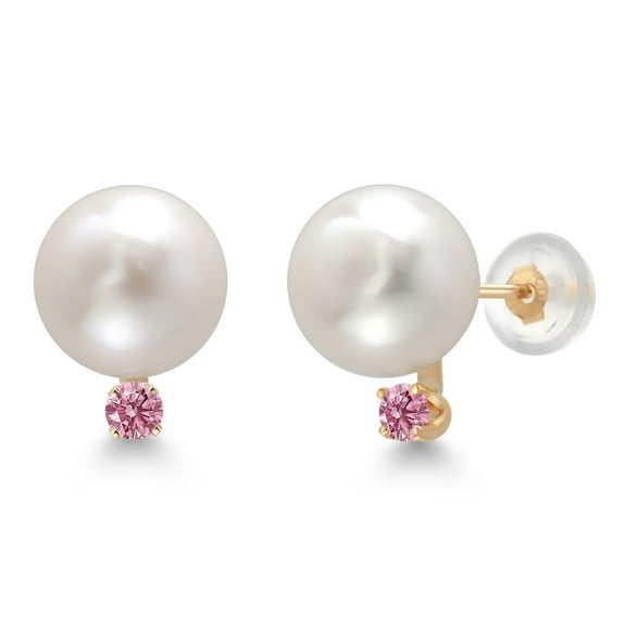 Gem Stone King 14K Yellow Gold Cultured Freshwater Pearls and Pink Lab Grown Diamond Stud Earrings for Women (Pearl: 6.5MM, Diamond: 0.12 Cttw, Round 2.5MM)
