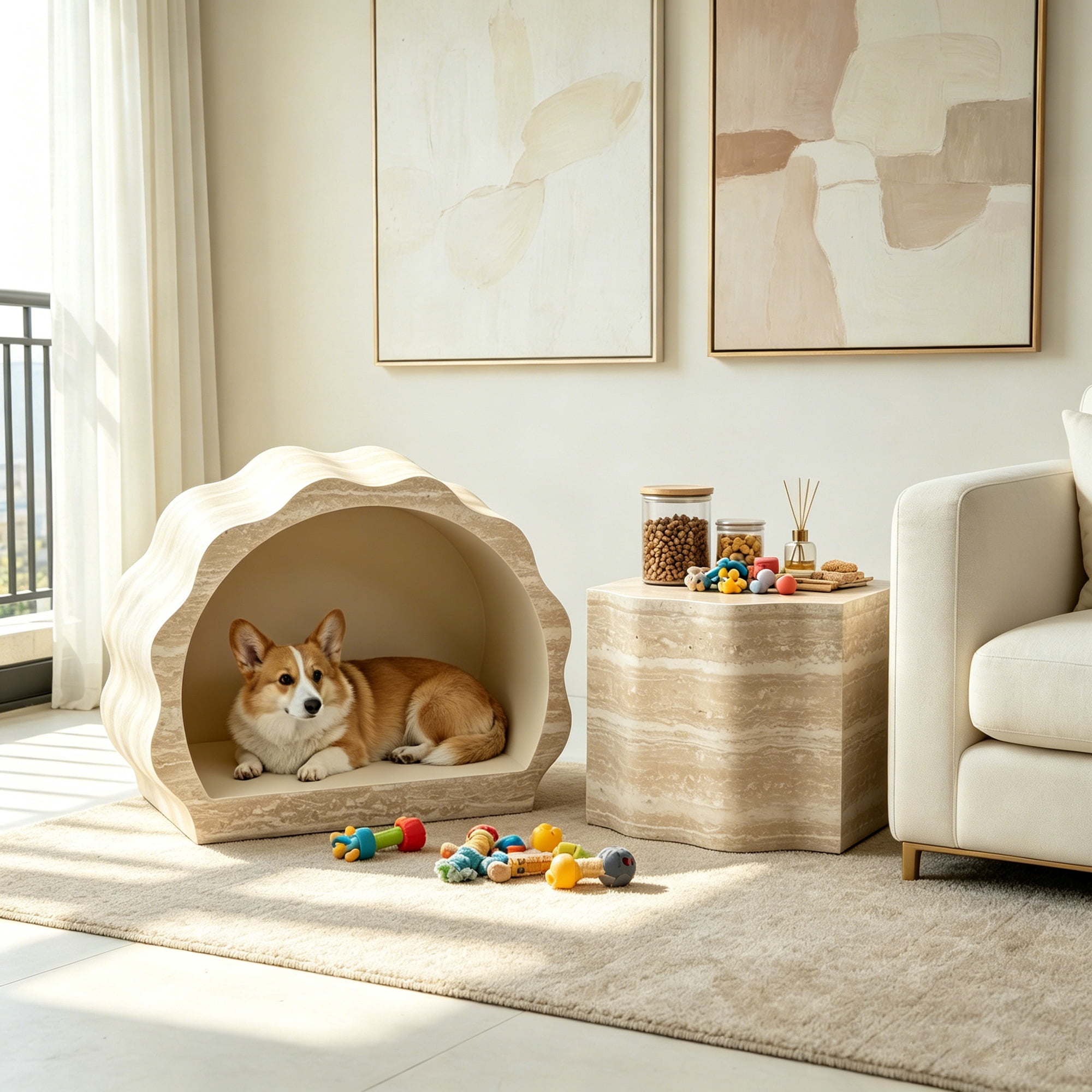 Round Coffee Tables Side Table Set of 2, Wood Nesting End Table Pet Bed for Living Room Modern Minimalist Tables Accent Apartment Balcony Office, No Assembling Beige