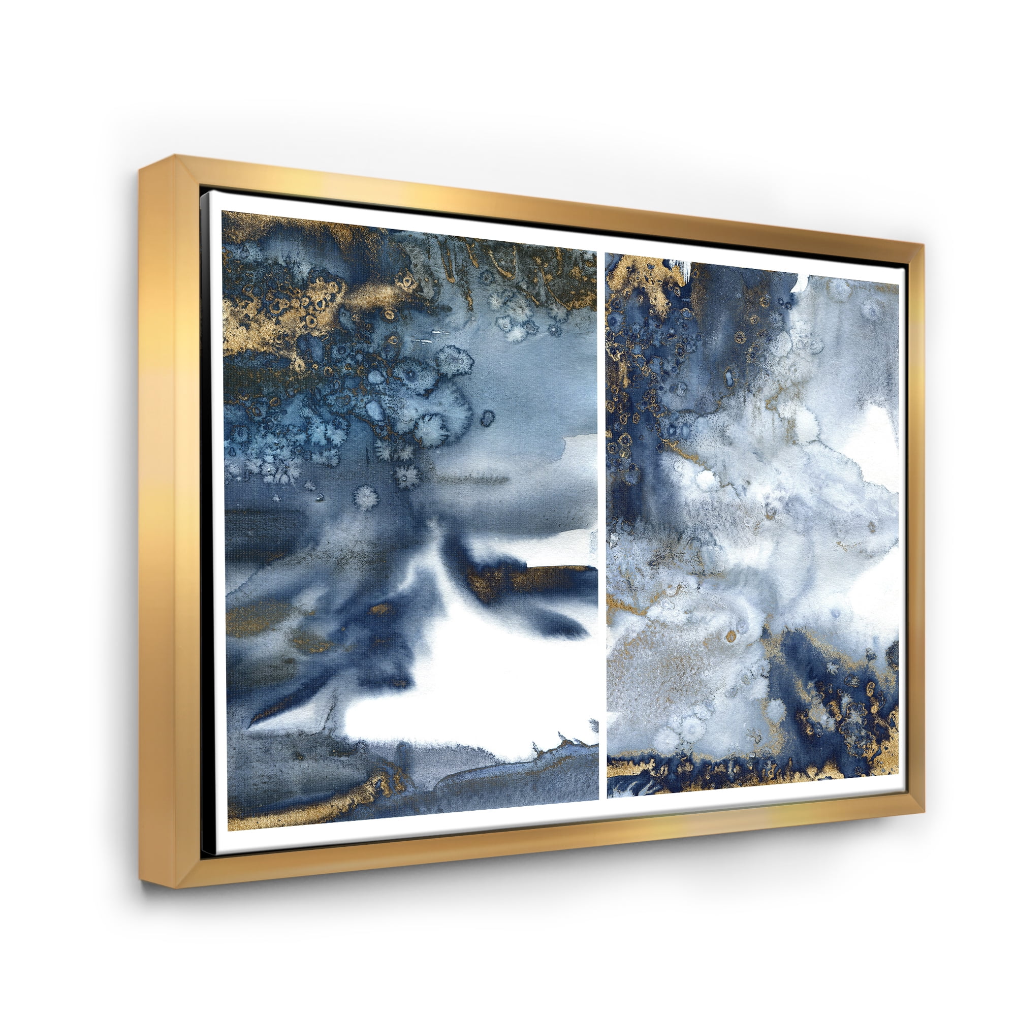Designart 'Gold and Dark Blue Abstract Waves IV' Modern Framed Canvas Wall Art Print