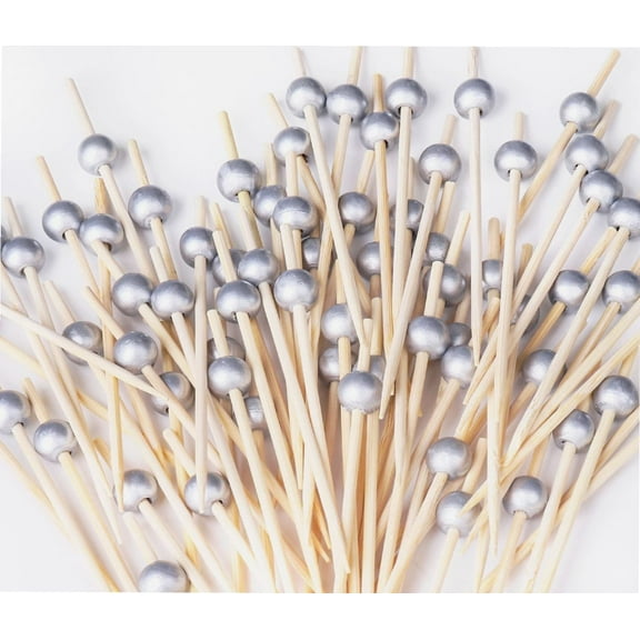 200PCS Cocktail Picks, Fancy Cocktail Toothpicks for Appetizers Picks, Bamboo Cocktail Skewers for Appetizers Wedding Party Toothpicks, Silver Pearl Food Picks for Appetizers (4.7 Inch)
