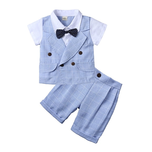 HAYIMI Kids 3pcs Baby Boys Toddler Short Sleeve Gentleman Wedding Outfits Suit Lapel Shirt Shorts Bow Tie Set Relaxed Fit Child O-Neck Cartoon Clothes Sets
