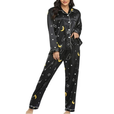 

Women Silk Pajamas Set Long Sleeve Ladies Satin PJ Sets Button-Down Pajama Soft Cozy Printed Sleepwear Loungewear S~XL