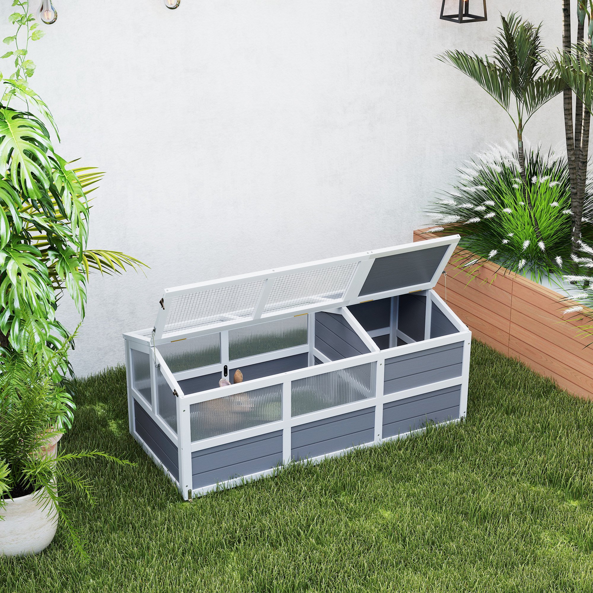 PawHut Tortoise Habitat Bottomless Design, Wooden Tortoise House Outdoor with Doors, PC Sun Panel Windows, for Small Animals, Rabbits, Light Gray
