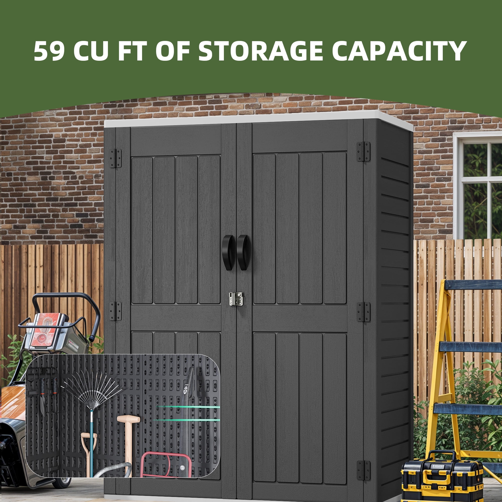 Uforic Outdoor Storage Shed, Vertical Lockable Tool Storage Resin Shed for Garden, Garage, Patio, No Shelves Included, Gray