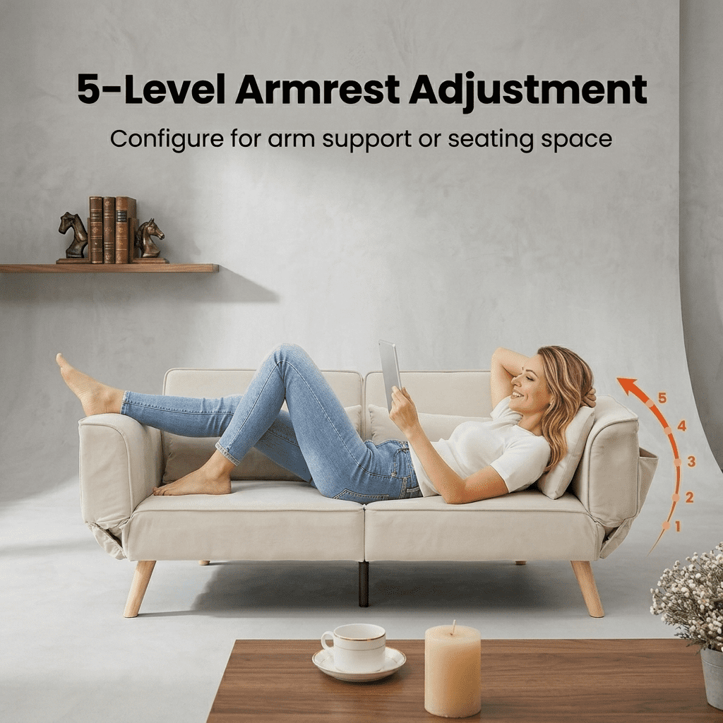 CARZZI LIFE 3 Seat Convertible Futon Sofa - Adjustable Backrest (90°-180°), Mid-Century Design, 69" Sleeper Area, Multi-Functional for Living Space, Pink