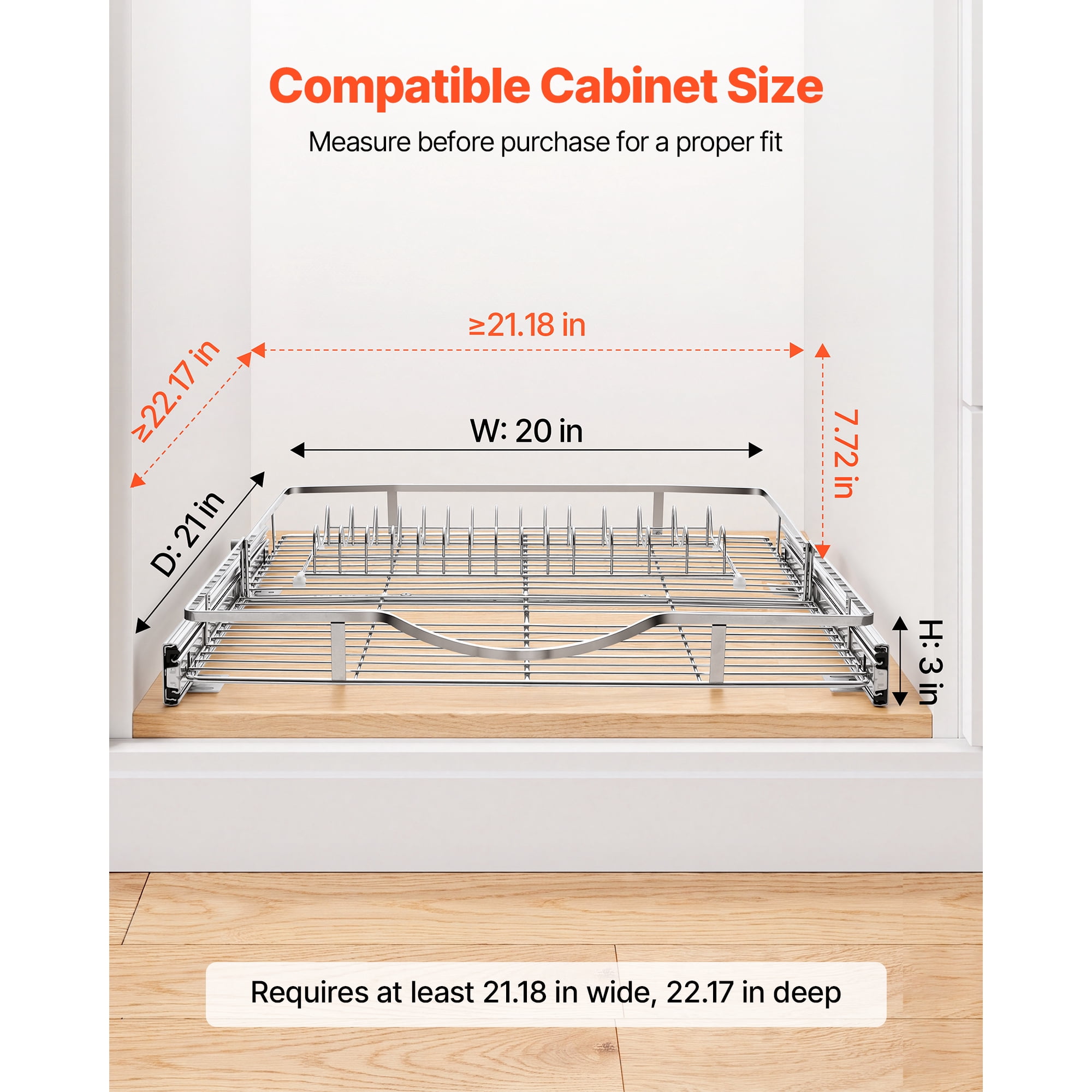KFFKFF Pull-Out Cabinet Organizer 19.69"W x 21.06"D, Steel Sliding Drawers for Kitchen, Bathroom, Pantry, and Home Storage, Chrome-Plated Finish, Durable Sliding Shelves for Base Cabinets