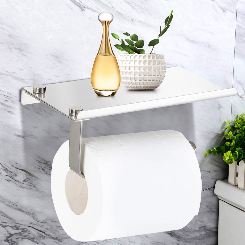 Wall Mounted Toilet Paper Holder with Phone Shelf, Space Aluminum Bathroom Accessories Tissues