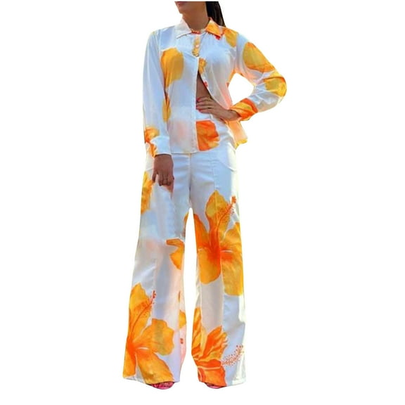 Two Piece Button Down Shirt Sets for Women Long Sleeve Business Casual Outfits Aesthetic Print Dressy Workwear Suits (XL, Orange)