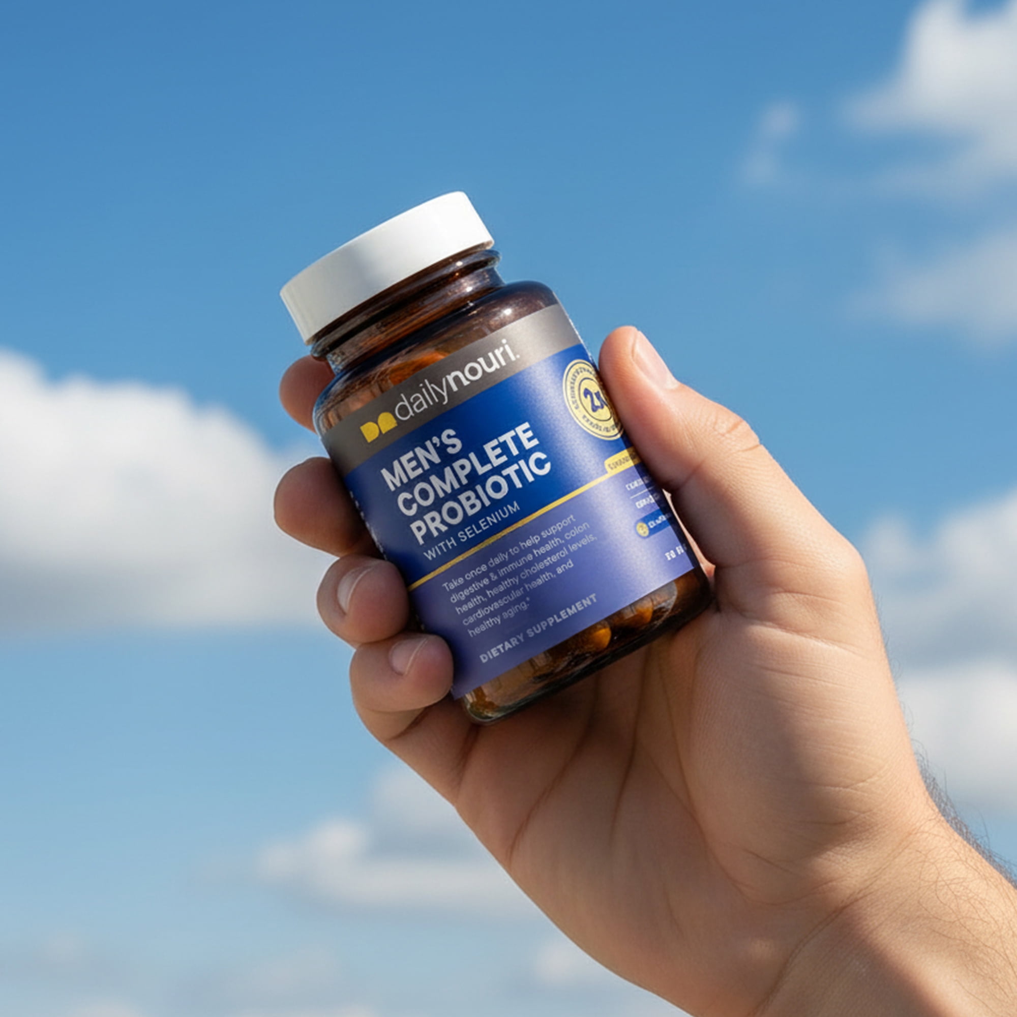 Daily Nouri Men’s Complete Probiotic | Supports Digestion, Immunity, Colon Health, Cardiovascular Function, Cholesterol | 5 Clinically Studied Strains + Selenium & Omega