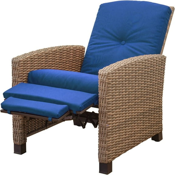 Indoor & Outdoor Recliner, All-Weather Wicker Reclining Patio Chair, Blue Cushion (Blue,1 Chair)