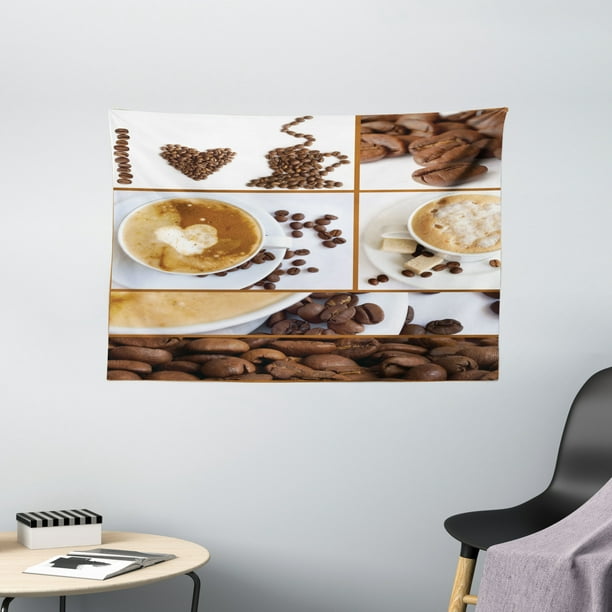 Kitchen Tapestry Coffee Themed Collage of Beans Mugs Hot 