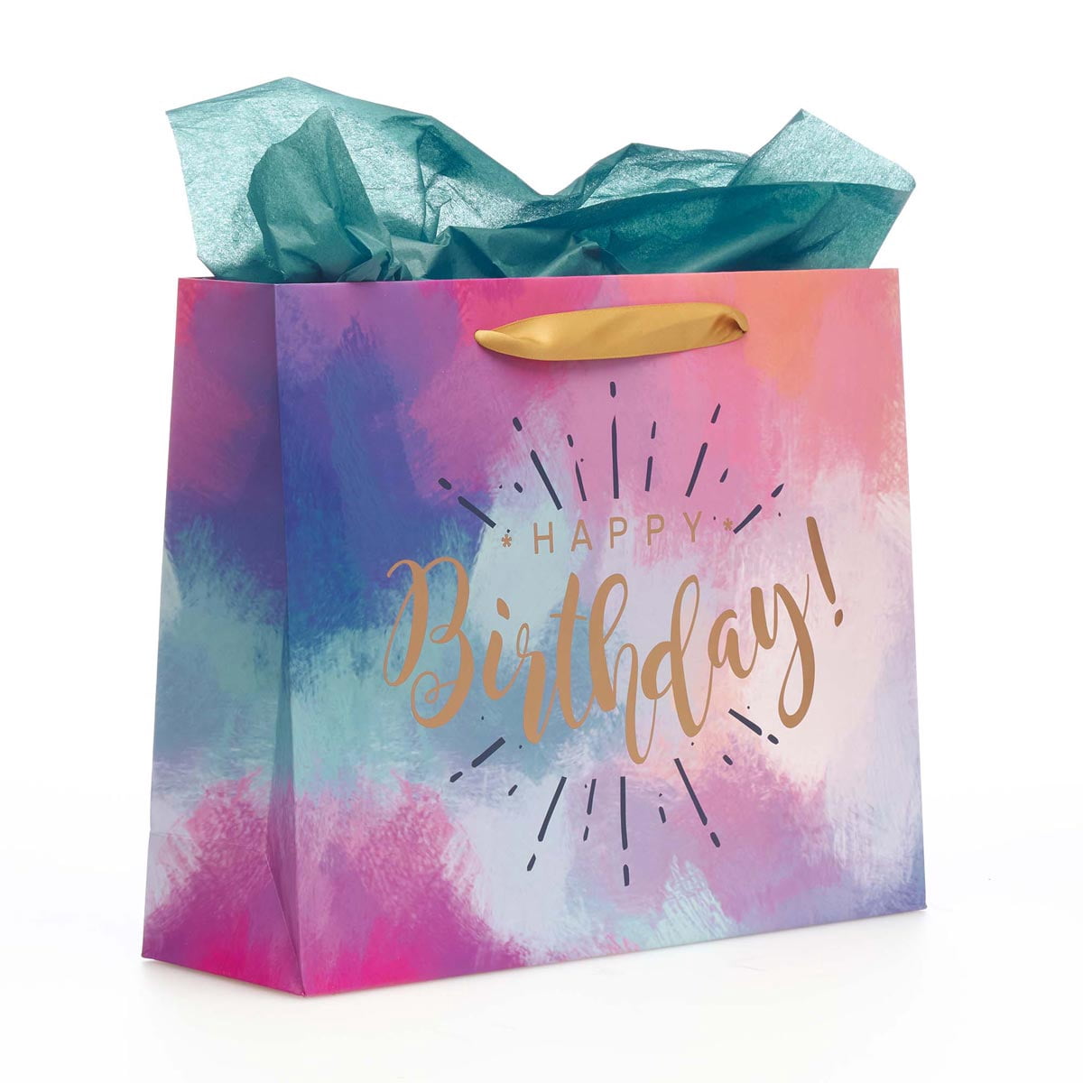 Happy Birthday Women's Large Gift Bag Set w/Card & Tissue Paper Blue Pink Purple Watercolor Design for Her Birthday Inspirational Gift Wrap Bag by With Love, Landscape 10" x 12.5" x 3.9"