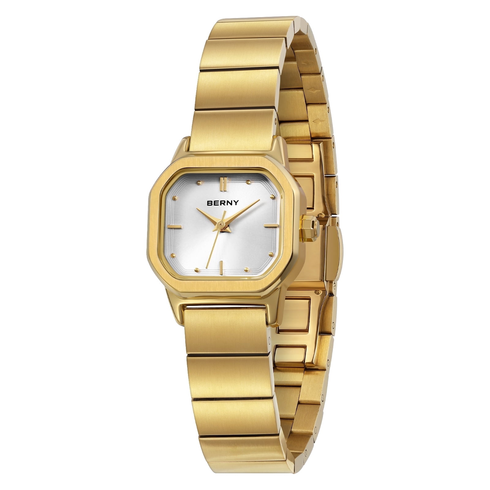 BERNY Small Gold Watches for Women, Dainty Minimalist Dress Watch with Square Dial, Vintage Stainless Steel Bracelet Watch, Waterproof, Ladies Luxury Gifts (White)
