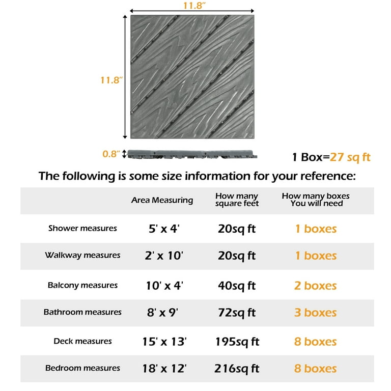 1 ft. W x 1 ft. L Square Plastic Patio Interlocking Deck Tile in Gray All Weather for Balcony (Pack of 27)