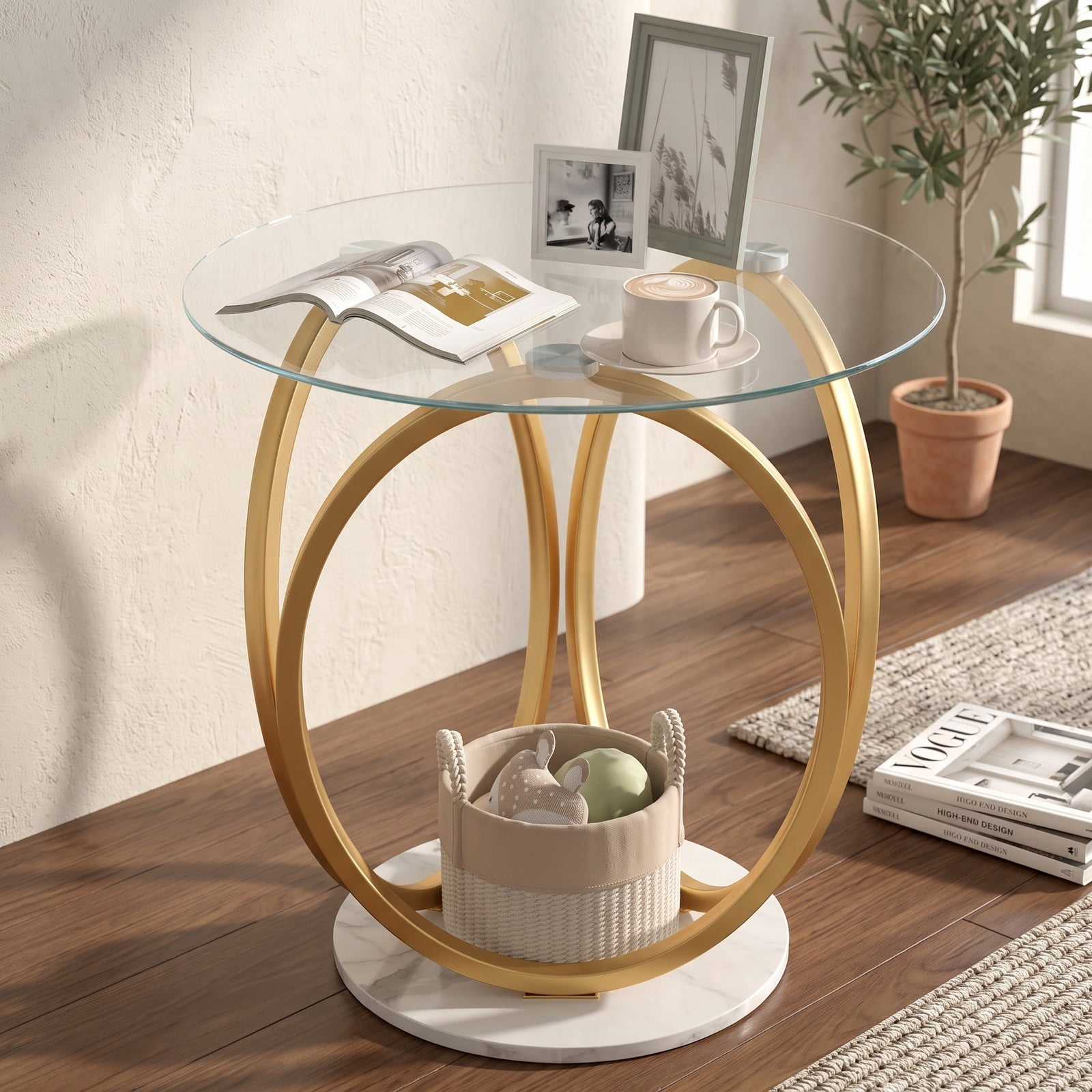 Furnibear Round End Table Faux Marble Side Table with Tempered Glass Tabletop, Modern Accent Nightstand Sofa Coffee Table with Metal Frame for Living Room Bedroom, Gold