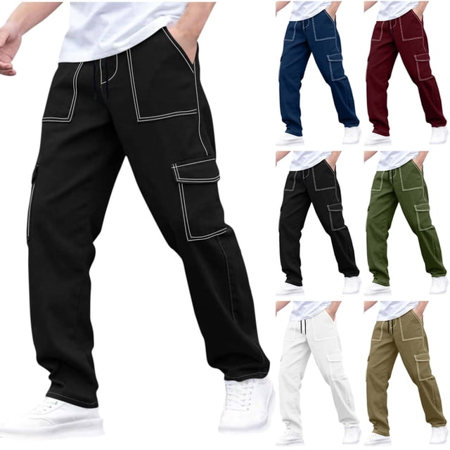 XUNKUSGA Pantalon Homme Mode Couture Contrastée Décontracté Taille Élastique Pantalon Cargo pour Homme Extensible Jambe Grand Droite Pantalon de Randonnée Extérieur Homme avec Poche P-3TG Blanc