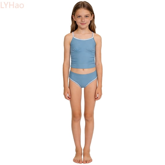 LYHao Girls Swimsuit Solid Color Contrast Trim Swimwear 2 Piece Bathing Suit Padded Swimsuits For Teens 8 14Y,Swimwear Sets 10-11 Years Blue