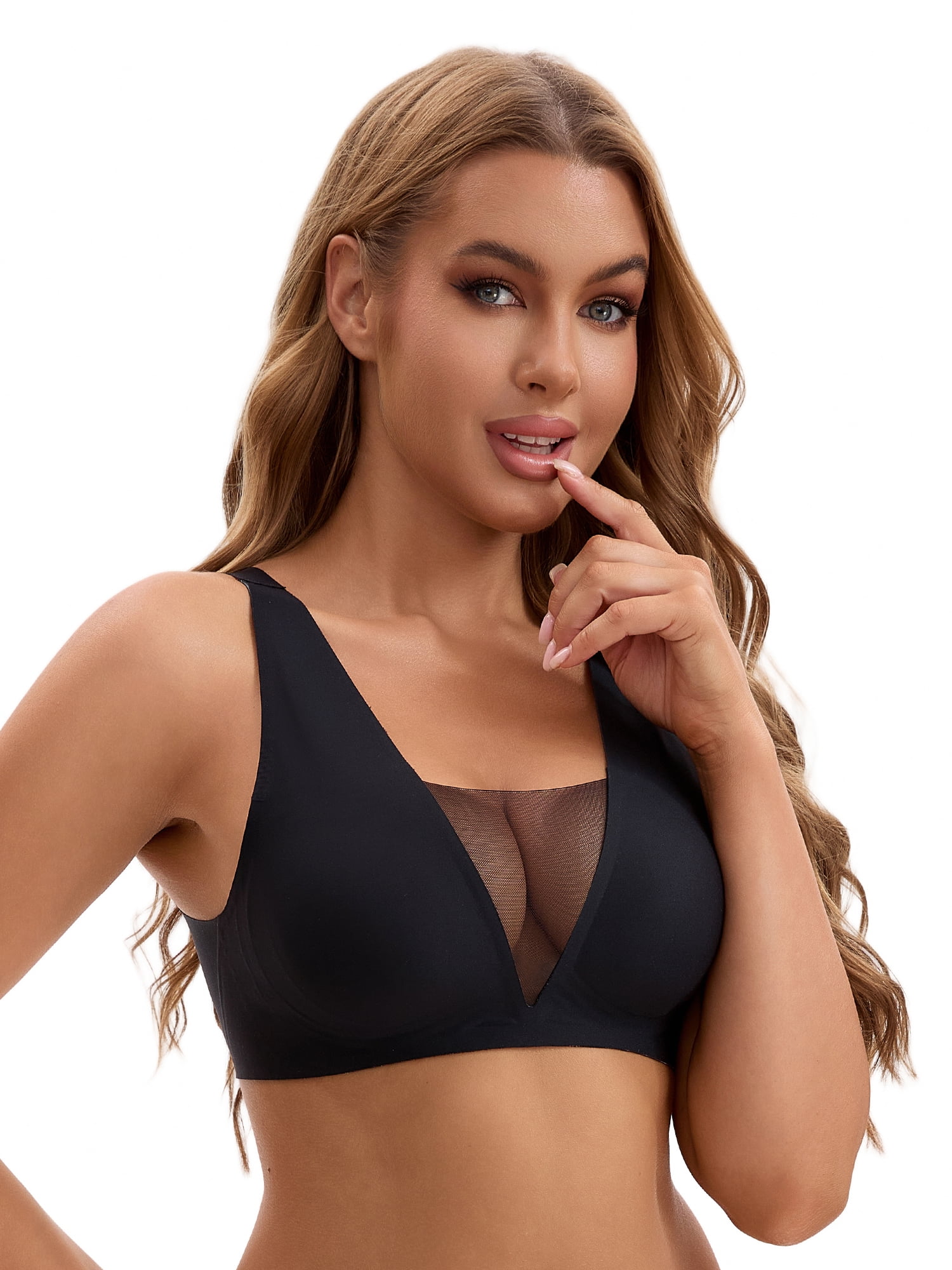Unique Bargains Women's Deep V Seamless Mesh Plunge Bras Minimizers S Black
