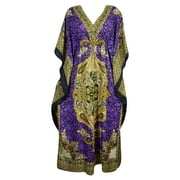 Mogul Womens Maxi Caftan Dress Floral Print Purple Kimono Sleeve Nightwear House Dress 4XL