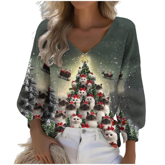 Ailaofu Chandail de Noël Laid pour Femmes 2025 Mignon Chandail Graphique de Noël Tricot Gaufré Grande Taille Col en V Manches Longues Chandail à Enfiler Hauts