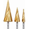 thumbnail image 1 of 3PCS Countersink Drill Bit, HSS Stainless Steel Metal, 4-12/20/32mm, Triangle Conical Titanium, with Hexagon Shank, for Screwdriver Drilling on Steel, 1 of 4