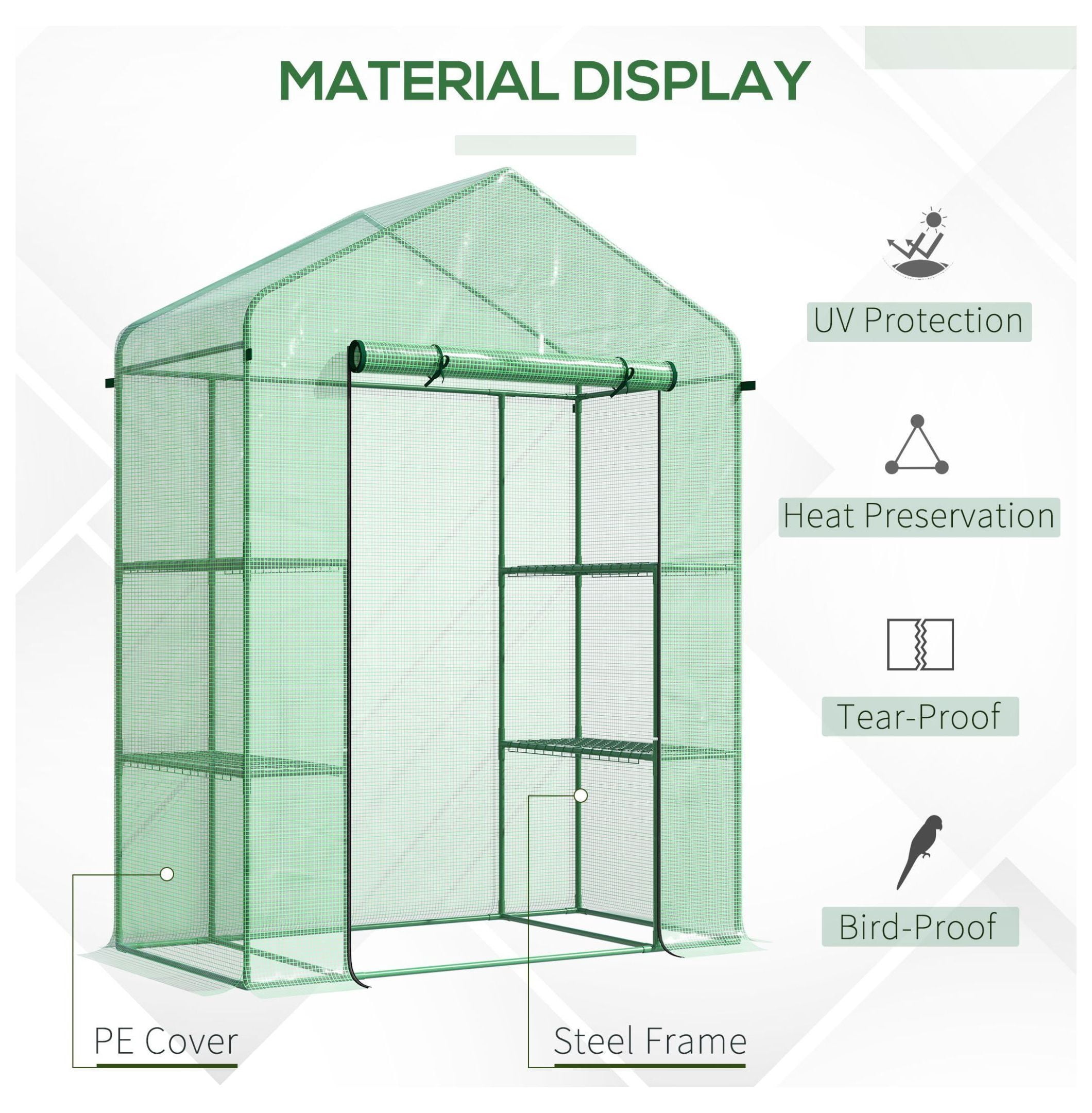 56" x 29" x 77" Walk-in Greenhouse, Garden Hot House with 3 Tier Shleves, Roll-Up Door and PE Cover, Green